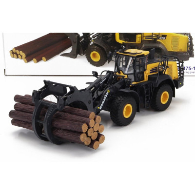 UNIVERSAL HOBBIES KOMATSU WA475-10 RUSPA GOMMATA - SCRAPER TRACTOR WITH WOOD GRAPPLE - YELLOW BLACK 1/50