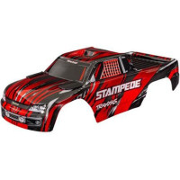 Traxxas Stampede karosszéria piros színben. Kész, festett karosszéria. Pótalkatrész Traxxas Stampede RC modellautóhoz, rugó nélküli karosszéria rögzítéssel.