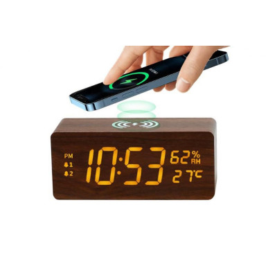 15W Multi-Function Wood Wireless Charger & Alarm & LED Clock (vč Aku)