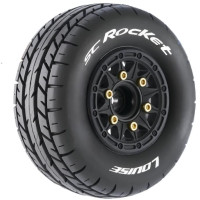 Komplett kerekek rövidpályás teherautókhoz 1/10 méretben, különböző méretű és eltolású cserélhető hatszögletű csavarokkal. Kemény felületekre alkalmas gumiabroncsok.