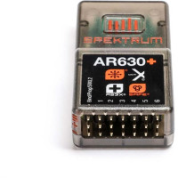 Légi 6 csatornás Spektrum AR630+ DSM2/DSMX vevő Spektrum SMART támogatással, 3 tengelyes giroszkóppal, új AS3X+ stabilizációval és SAFE funkcióval. Beállítások a Spektrum adóról közvetlenül a Forward programozással. Programozó gomb.