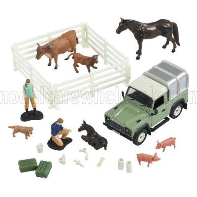 BRITAINS LAND ROVER LAND DEFENDER 90 PICK-UP CLOSED WITH ANIMALS AND FIGURES 1984 - GREEN SILVER 1/32