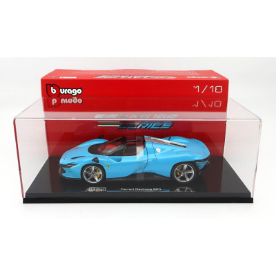 BURAGO FERRARI DAYTONA SP3 CLOSED ROOF 2022 - CON VETRINA - WITH SHOWCASE - EXCLUSIVE CARMODEL - MEDIUM BLUE 1/18