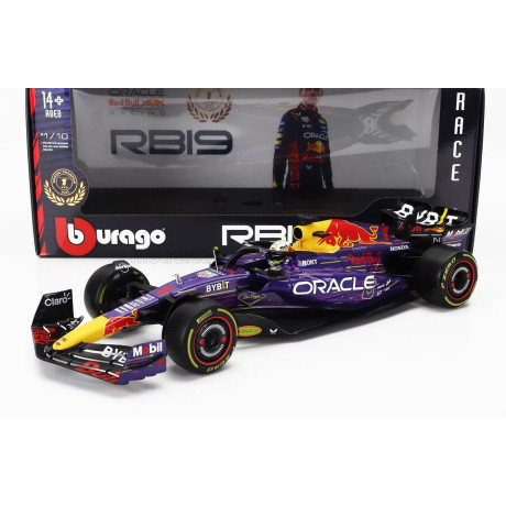 BURAGO RED BULL F1  RB19 TEAM ORACLE RED BULL RACING N 1 WORLD CHAMPION WINNER LAS VEGAS USA GP 2023 MAX VERSTAPPEN - PURPLE YEL