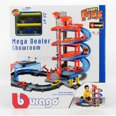 BURAGO ACCESSORIES DIORAMA - PARKING - MEGA DEALER SHOWROOM WITH AUDI A6 AVANT 2019 + PORSCHE 911 996 GT3 COUPE 1997 - RED BLUE