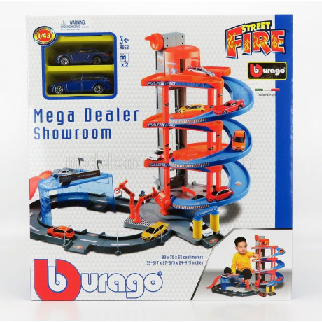 BURAGO ACCESSORIES DIORAMA - PARKING - MEGA DEALER SHOWROOM WITH AUDI A6 AVANT 2019 + PORSCHE 911 996 GT3 COUPE 1997 - RED BLUE