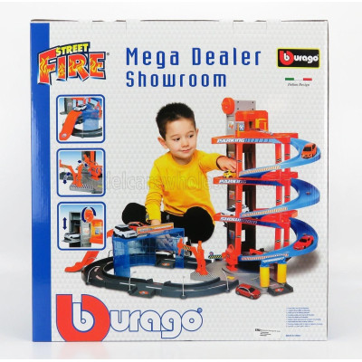 BURAGO ACCESSORIES DIORAMA - PARKING - MEGA DEALER SHOWROOM WITH AUDI A6 AVANT 2019 + PORSCHE 911 996 GT3 COUPE 1997 - RED BLUE