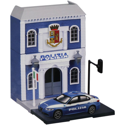 BURAGO ACCESSORIES DIORAMA - SET BUILD YOUR CITY POLICE STATION - CASERMA POLIZIA - WITH ALFA ROMEO GIULIA 2015 - LIGHT BLUE WHI