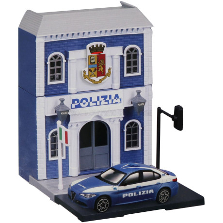 BURAGO ACCESSORIES DIORAMA - SET BUILD YOUR CITY POLICE STATION - CASERMA POLIZIA - WITH ALFA ROMEO GIULIA 2015 - LIGHT BLUE WHI