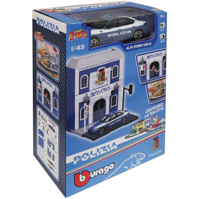 BURAGO ACCESSORIES DIORAMA - SET BUILD YOUR CITY POLICE STATION - CASERMA POLIZIA - WITH ALFA ROMEO GIULIA 2015 - LIGHT BLUE WHI