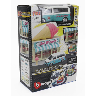 BURAGO ACCESSORIES DIORAMA - SET ICE CREAM SHOP WITH VOLKSWAGEN T6 MINIBUS 2018 - LIGHT BLUE WHITE 1/43