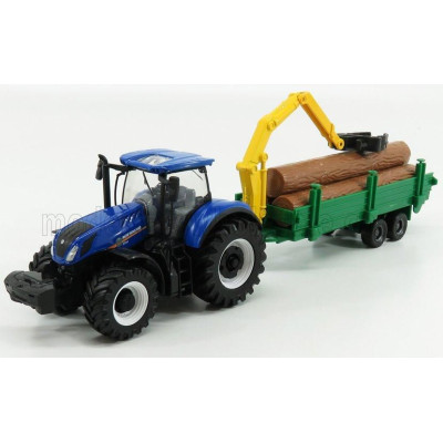 BURAGO NEW HOLLAND T7.315 TRACTOR + TREE FORWARDER AND WOOD - BLUE GREEN WOOD 1/50