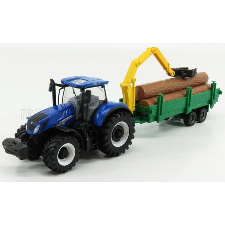BURAGO NEW HOLLAND T7.315 TRACTOR + TREE FORWARDER AND WOOD - BLUE GREEN WOOD 1/50