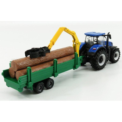 BURAGO NEW HOLLAND T7.315 TRACTOR + TREE FORWARDER AND WOOD - BLUE GREEN WOOD 1/50