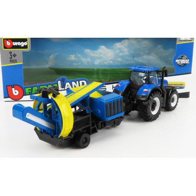 BURAGO NEW HOLLAND T7.315 TRACTOR WITH CULTIVATOR TRAILER 2016 - BLUE 1/50