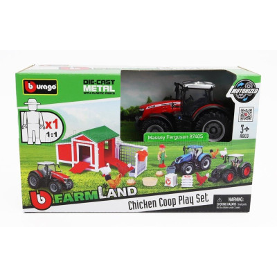 BURAGO MASSEY FERGUSON SET FARM CHICKEN COOP PLAY 8740S TRACTOR 2016 - RED 1/50
