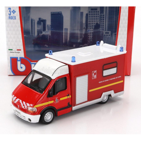 BURAGO RENAULT MASTER VAN VEHICULE DE SECOURS ET D'ASSISTANCE AUX VICTIMES AMBULANCE SAPEURS POMPIER 1994 - RED WHITE 1/50