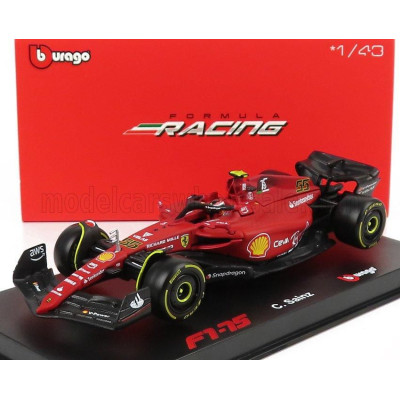 BURAGO FERRARI F1-75 SCUDERIA FERRARI N 55 SEASON 2022 CARLOS SAINZ WITH HELMET AND PLASTIC SHOWCASE - EXCLUSIVE CARMODEL - RED