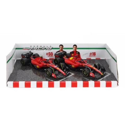 BURAGO FERRARI SET F1 2X SF-23 TEAM SCUDERIA FERRARI N 16 SEASON 2023 CHARLES LECLERC + N 55 SEASON 2023 CARLOS SAINZ - RED BLAC