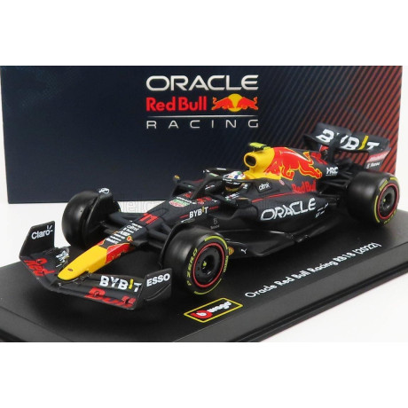 BURAGO RED BULL F1  RB18 TEAM ORACLE RED BULL RACING N 11 SEASON 2022 SERGIO PEREZ - WITH HELMET AND PLASTIC SHOWCASE - MATT BLU