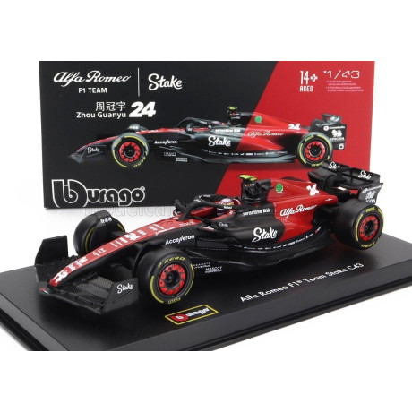 BURAGO ALFA ROMEO F1  C43 TEAM STAKE N 24 SEASON 2023 GUANYU ZHOU - CON PILOTA E VETRINA - WITH PILOT AND SHOWCASE - EXCLUSIVE C