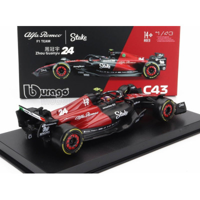 BURAGO ALFA ROMEO F1  C43 TEAM STAKE N 24 SEASON 2023 GUANYU ZHOU - CON PILOTA E VETRINA - WITH PILOT AND SHOWCASE - EXCLUSIVE C