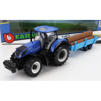 BURAGO NEW HOLLAND T7.315 TRACTOR WITH LOGS OF WOOD TRAILER 2018 - BLUE 1/32