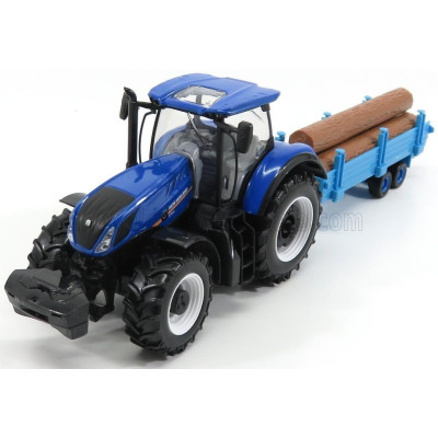 BURAGO NEW HOLLAND T7HD TRACTOR WITH TRAILER TRUNK TRANSPORT - TRASPORTO TRONCHI - BLUE 1/32