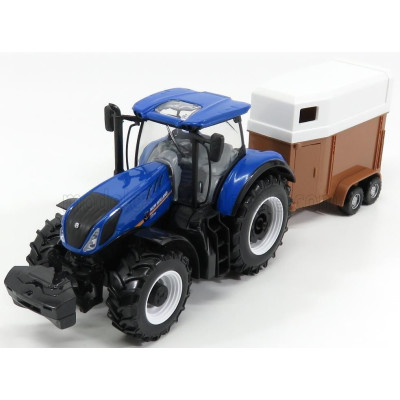 BURAGO NEW HOLLAND T7000 TRACTOR WITH HORSE TRAILER - TRASPORTO CAVALLI - BLUE BROWN WHITE 1/32