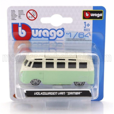 BURAGO VOLKSWAGEN T1 SAMBA MINIBUS 1962 CUSTOM 1965 - GREEN CREAM 1/64
