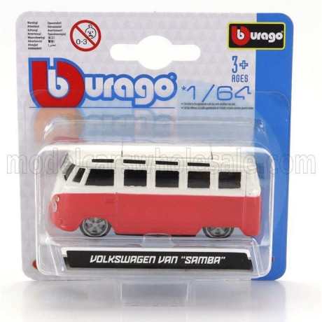BURAGO VOLKSWAGEN T1 SAMBA MINIBUS 1962 CUSTOM 1965 - RED CREAM 1/64