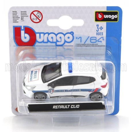 BURAGO RENAULT CLIO POLICE MUNICIPALE 2019 - WHITE BLUE 1/64