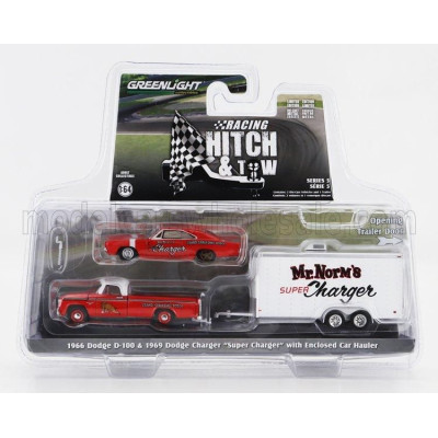 GREENLIGHT DODGE D-100 PICK-UP 1980 WITH TRAILER + SUPER CHARGER 1986 - RED WHITE 1/64