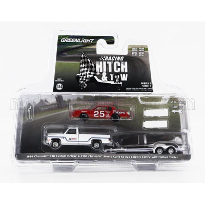 GREENLIGHT CHEVROLET C-30 PICK-UP CUSTOM DELUXE 1986 WITH TRAILER + MONTE CARLO SS N 25 RACING 1986 - WHITE RED 1/64