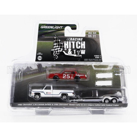 GREENLIGHT CHEVROLET C-30 PICK-UP CUSTOM DELUXE 1986 WITH TRAILER + MONTE CARLO SS N 25 RACING 1986 - WHITE RED 1/64