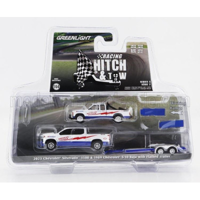 GREENLIGHT CHEVROLET SILVERADO 1500 PICK-UP 2023 WITH TRAILER + S-10 PICK-UP BAJA 1989 - WHITE RED BLUE 1/64