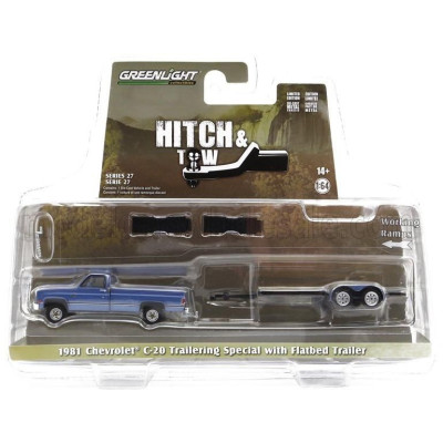 GREENLIGHT CHEVROLET C-20 PICK-UP 1981 WITH TRAILER CAR TRANSPORTER - BLUE MET 1/64