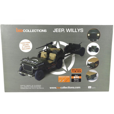 IXO MODELS JEEP WILLYS USA ARMY WITH TRAILER 1941 - WITH LIGHT & SOUND EFFECTS - MILITARY GREEN 1/8