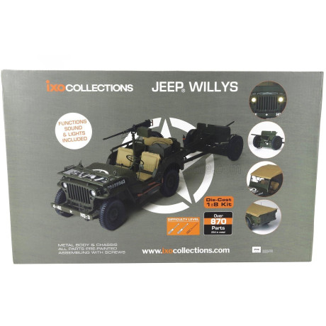 IXO MODELS JEEP WILLYS USA ARMY WITH TRAILER 1941 - WITH LIGHT & SOUND EFFECTS - MILITARY GREEN 1/8