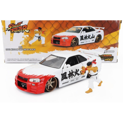 JADA NISSAN SKYLINE GT-R (R34) ADVAN 2002 WITH STREET FIGHTER RYU FIGURE - WHITE RED 1/24