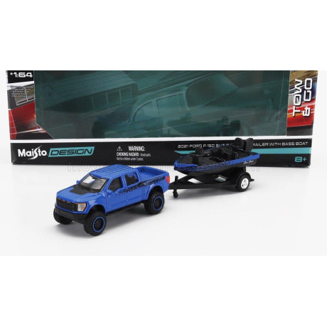 MAISTO FORD USA F-150 SVT RAPTOR PICK-UP WITH BASS BOAT AND TRAILER 2021 - BLUE BLACK 1/64