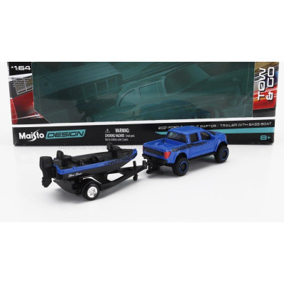 MAISTO FORD USA F-150 SVT RAPTOR PICK-UP WITH BASS BOAT AND TRAILER 2021 - BLUE BLACK 1/64