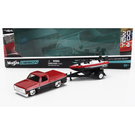 MAISTO CHEVROLET CHEVY 1500 PICK-UP WITH BASS BOAT AND TRAILER 1987 - RED BLACK 1/64