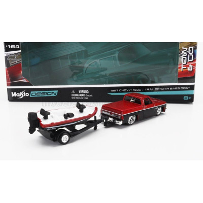 MAISTO CHEVROLET CHEVY 1500 PICK-UP WITH BASS BOAT AND TRAILER 1987 - RED BLACK 1/64