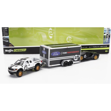 MAISTO FORD USA F-150 RAPTOR PICK-UP 2010 WITH TRAILER CAR TRANSPORTER + GT N 2 2017 - BLACK SILVER 1/64