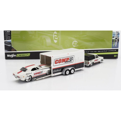 MAISTO CHEVROLET BLAZER K5 1979 WITH TRAILER CAR TRANSPORTER + CAMARO Z/28 COUPE RACING COMP CAMS 1968 - WHITE BLACK 1/64