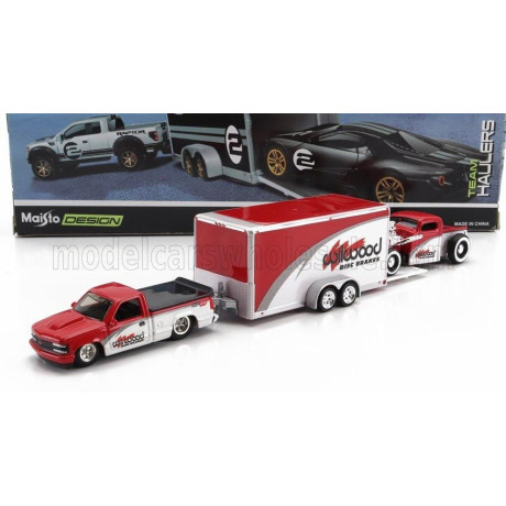 MAISTO CHEVROLET 454 SS PICK-UP WITH TRAILER CAR TRANSPORTER + PICK-UP 1936 - WHITE RED 1/64