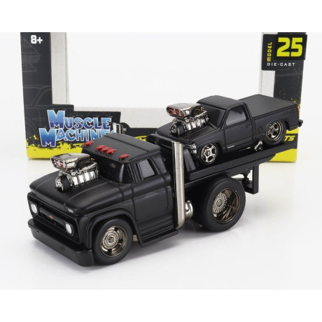 MAISTO CHEVROLET C-60 FLATBED CAR TRANSPORTER 1966 WITH 454 SS PICK-UP CUSTOM 1993 - BLACK 1/64
