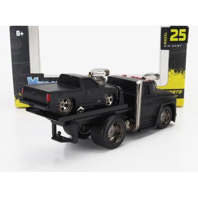 MAISTO CHEVROLET C-60 FLATBED CAR TRANSPORTER 1966 WITH 454 SS PICK-UP CUSTOM 1993 - BLACK 1/64