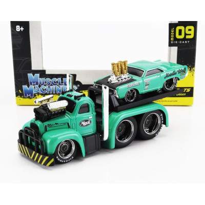 MAISTO MACK B-61 FLATBED TRUCK CAR TRANSPORTER 1953 WITH DODGE DART CUSTOM 1968 - GREEEN 1/64